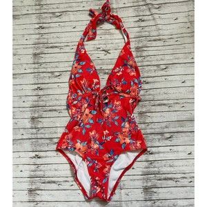 Lands’ End Size 0 Bright Coral Bloom Blossom Halter V-Neck One Piece Swimsuit